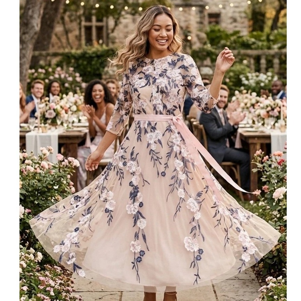 BHLDN Floral Embroidered Mesh Maxi Dress Womens 16 Pink Navy Wedding Guest Gown